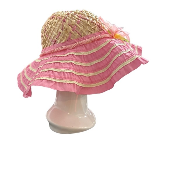 Pink and Tan Woven Sun Hat with Flower Accent - Picture 2 of 4